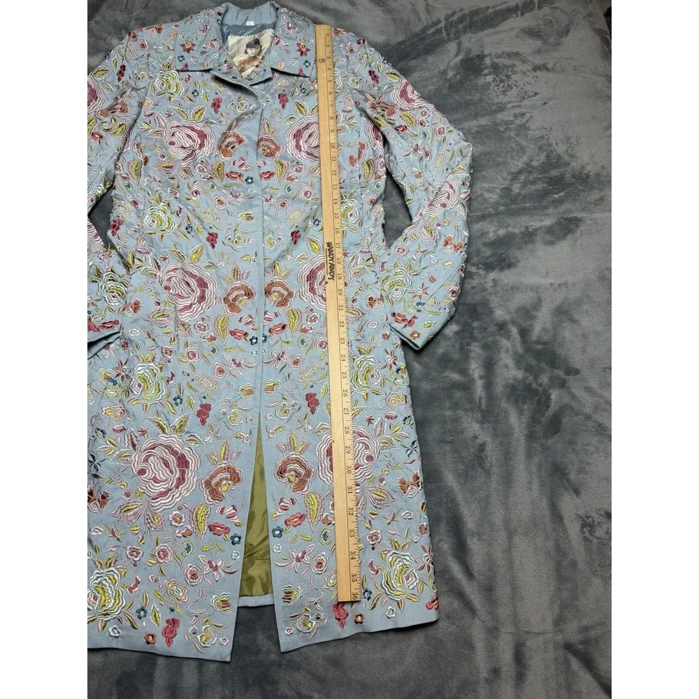Johnny Was Biya 100% Silk Longline Floral Embroidered Coat Blue Vintage Small